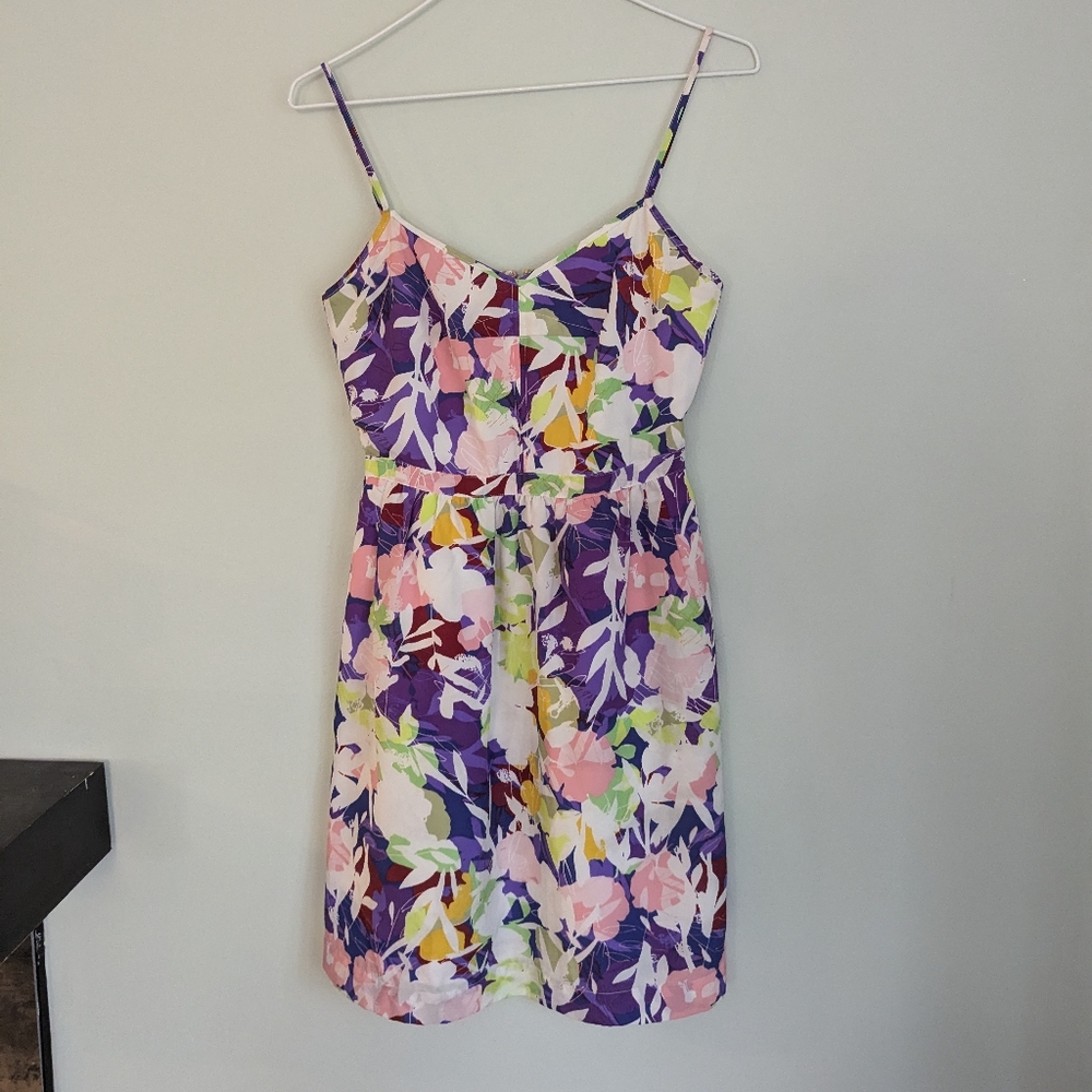 J.Crew Factory Seaside Cami Dress Size 0 White Purple Green Abstract Floral 158
